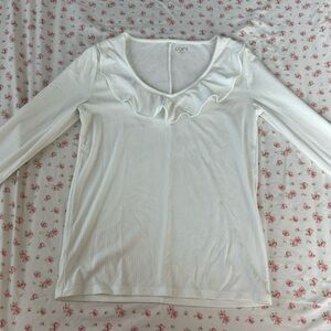 LOFT Cream Ruffle Long Sleeve Top